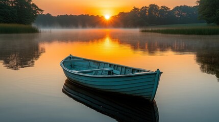 Peaceful sunrise over tranquil lake with a small boat