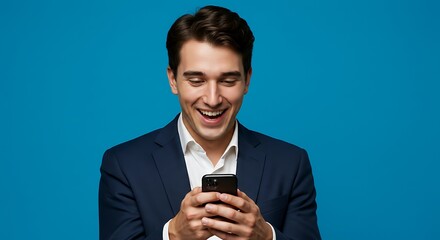 Smiling Man Using Smartphone in Suit Against Vibrant Blue Background
