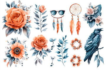 Floral and Bohemian Watercolor Elements: A collection of watercolor illustrations featuring roses, floral arrangements, a dreamcatcher, sunglasses, and a raven, perfect for creating unique designs.
