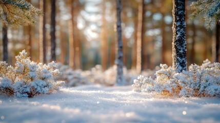 Snow Covered Winter Forest at Sunrise
