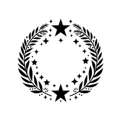 Fototapeta premium Black and White Wreath Illustration with Stars and Leaves, Minimalist Design