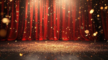 Curtains await the performance as glittering confetti dances in warm spotlight during a vibrant theater event at dusk
