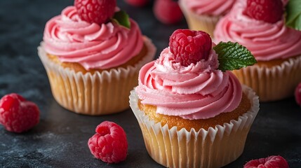 Delicious pink raspberry cupcakes with creamy frosting are artfully arranged on a dark background for a tempting dessert image.