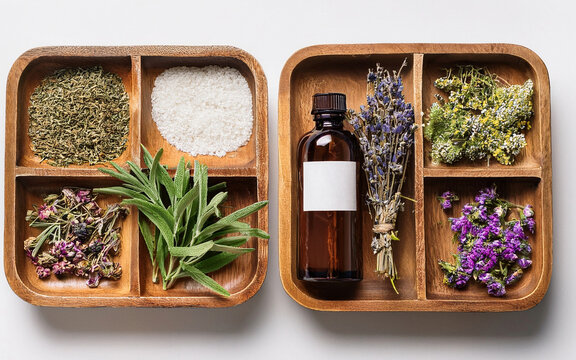 kit para herboristeria, mockup, sobre fondo blanco, vista superior
