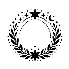 Celestial Wreath Illustration: Stars, Moon, and Foliage on White