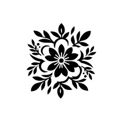 Floral Ornament Silhouette: Black Blossom & Foliage on White