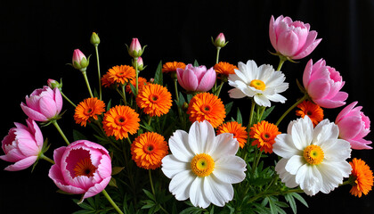 Fototapeta premium Vibrant bouquet of cosmos and peonies on black background, floral beauty