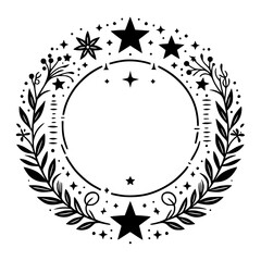 Floral Starry Wreath Frame: Black and White, Decorative, Elegant