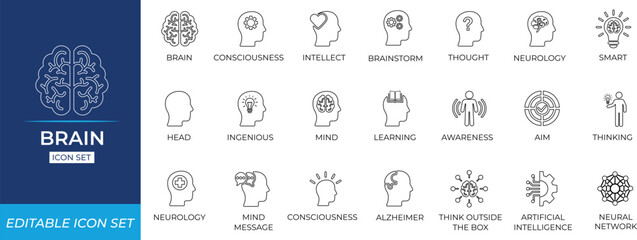 Minimal brain line icon set showcasing intelligence, thinking, anatomy, anger, depression, draw, human, ,creativity, cognition, memory, and mental activity for ui, apps, and infographics.