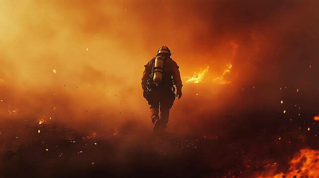 A firefighter walking through smoky terrain with flames