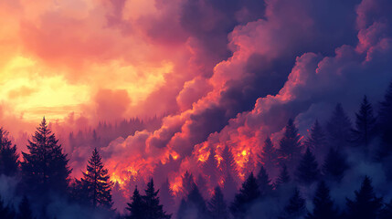 A forest engulfed in flames with thick smoke rising