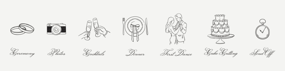 Hand drawn wedding schedule or itinerary. Ceremony, photos, cocktails, first dance, cake cutting, dinner. Italian romantic just married elements in elegant sketch for invitations, save the date design