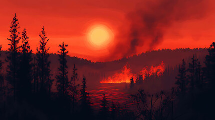 Fototapeta premium Sunset turning red as a wildfire burns in the distance, with the sky turning red