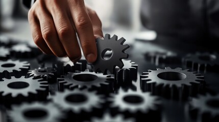 Precision and Teamwork, Hand Carefully Arranges Interlocking Gears, Symbolizing Collaboration, and Efficiency in Business, Engineering, and Problem Solving.