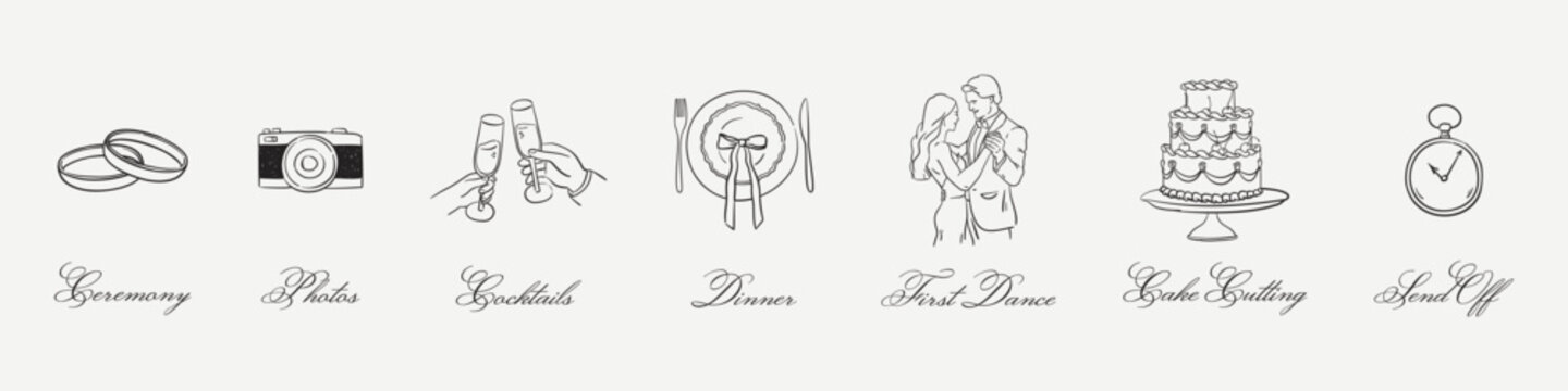 Hand drawn wedding schedule or itinerary. Ceremony, photos, cocktails, first dance, cake cutting, dinner. Italian romantic just married elements in elegant sketch for invitations, save the date design
