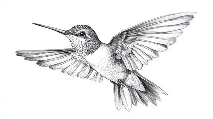 Obraz premium Hummingbird in Flight Detailed Graphite Pencil Illustration on White Background