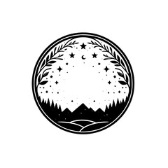 Celestial Forest Circle: Minimalist Black & White Nature Icon