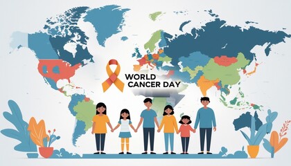 world map with white background, there is a health ribbon symbol, then there is the writing "WORLD CANCER DAY" in the middle of this image. add vectors of children, and some parents are holding hands.