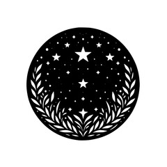 Celestial Circle: Stars, Leaves, and Night Sky Illustration