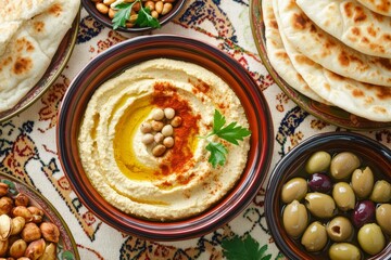 A colorful aerial view of a Middle Eastern banquet featuring an assortment of dishes including hummus, falafel, olives, and pita bread, all arranged on an ornately decorated table to highlight