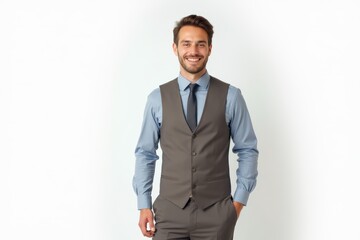 Fototapeta premium Half-Length (Waist-Up) portrait of young stylish smiling Swiss male model in costume wear isolated on pure white background looking at camera