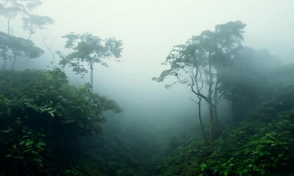 Fog covered jungle rainforest landscape