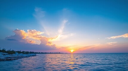 Serene Sunset Over Calm Ocean Waters Peaceful Coastal Landscape Scene