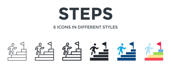 Steps Icon In Different Style Vector Illustration. Designed In Thin Line, Regular Line, Bold Line, Glyph, Color Fill, And Flat Style Can Be Used For Web