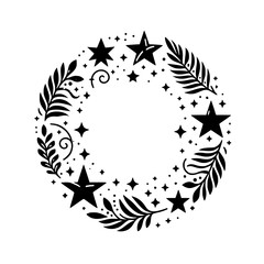 Celestial Botanical Wreath Illustration: Black & White, Minimalist, Floral, Stars.