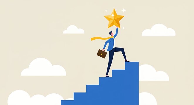 Businessman climbing steps to reach a star achieving success and career goals