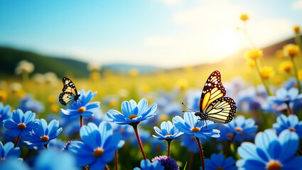 Beautiful summer or spring meadow with blue flowers and two flying butterflies