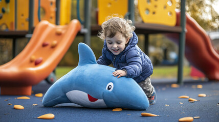 Toddler playing on playground with blue plush dolphin.