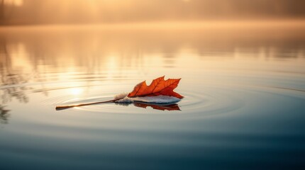 Fototapeta premium Leaf Floating on Misty Lake