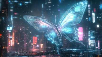 Fototapeta premium Ethereal neon butterfly fluttering through a futuristic cityscape at twilight