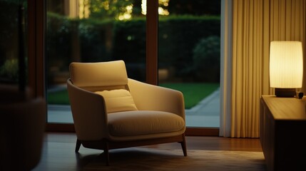 A comfortable armchair beside a window in a living room