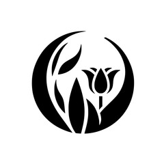 Modern Floral Emblem: Tulip & Leaves in Circle, Minimalist Vector