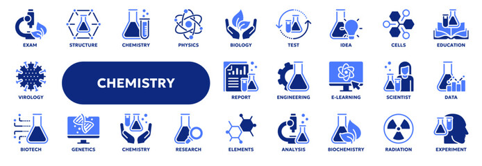 Set of vector solid icons related to science, chemical laboratory equipment, biology and biochemistry. Symbols for website or app UI, logo design, illustration