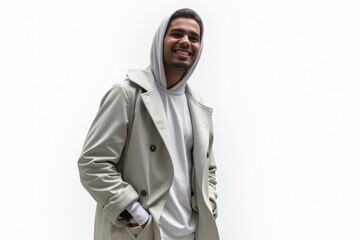 Half-Length (Waist-Up) portrait of young stylish smiling Syrian male model in futuristic wear isolated on pure white background looking at camera