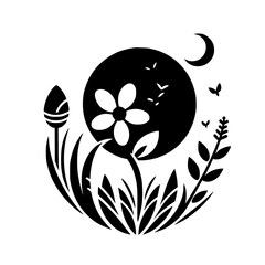 Obraz premium Black and White Floral Nature Illustration: Tranquil Moonlit Scene