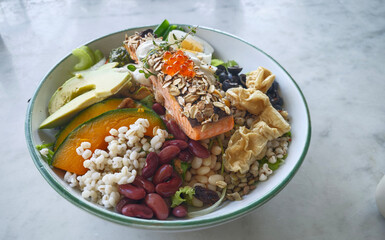 ORGANIC Salmon Salad with Omega 3 and Grilled Tofu. Top view. 