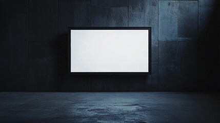 Tv or cinema screen, blank television monitor on dark wall background. White glowing LCD display, advertising billboard or shield for video displaying, empty plasma panel realistic 3d vector mock up