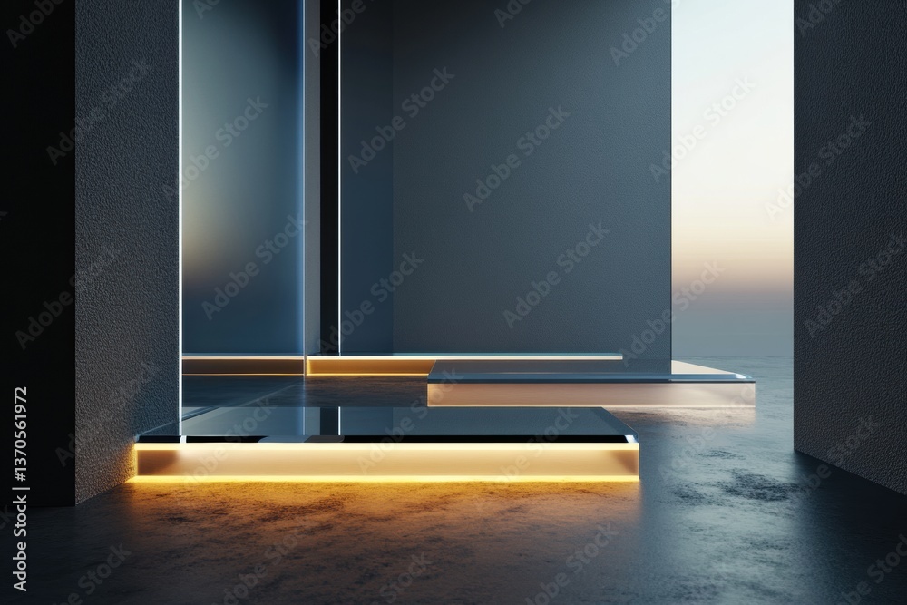 Fototapete Futuristic minimalist architecture featuring glowing panels and transparent platforms creating a sleek, modern presentation space