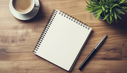 Empty spiral notebook, coffee cup, and pen on a wooden desk