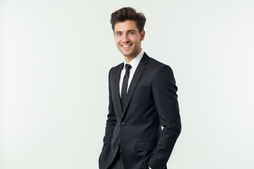 Half-Length (Waist-Up) portrait of young stylish smiling Tajik male model in formal wear isolated on pure white background looking at camera