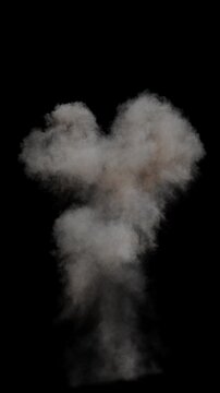 Realistic high resolution ground explosion rendering with fire and smoke plume. Full frame 3D animation fireball detonation and combustion on black background with alpha channel. Cgi vfx plate shot.