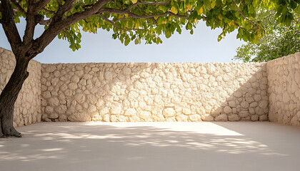 Sunlit courtyard with stone wall and tree shade