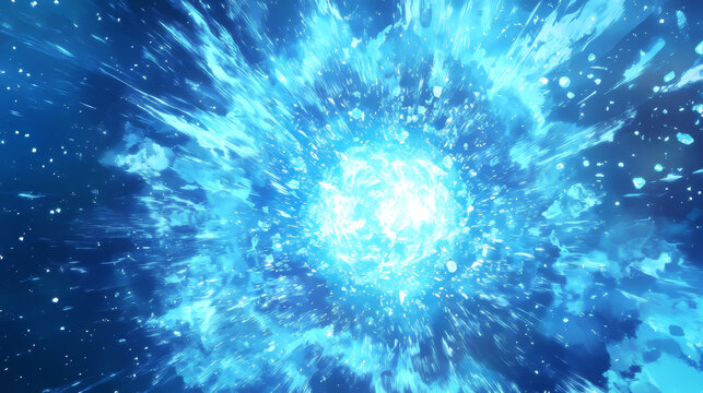 Comic anime water explosion radiating from bright center - dynamic liquid splashes creating circular burst pattern. Blue background with light azure droplets scattered among flowing stream effect.