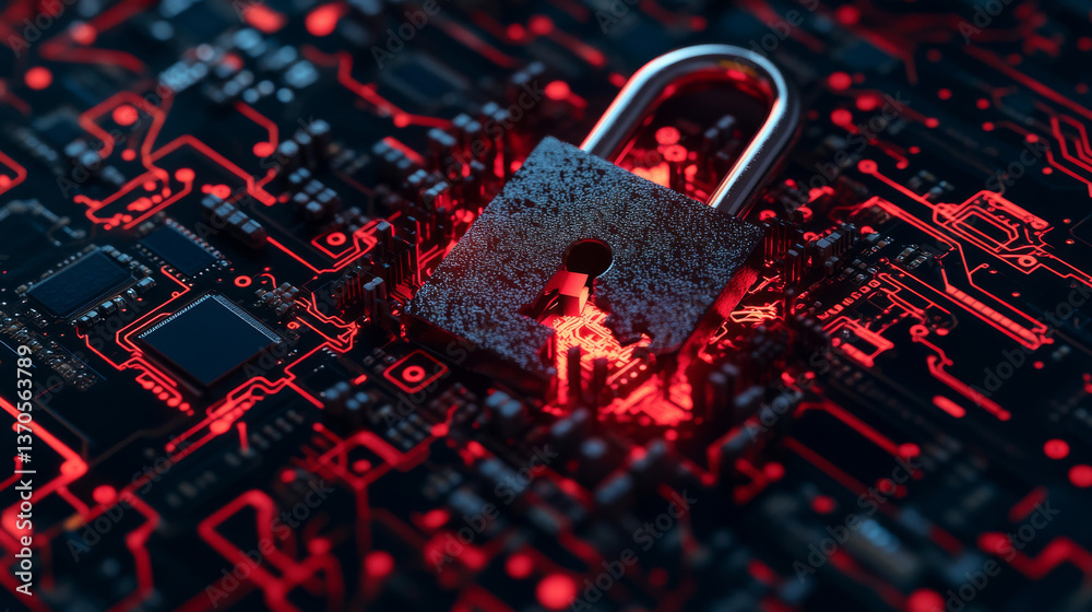 Poster concept of destroyed cyber security.padlock red open on electric circuits network dark red backgroun