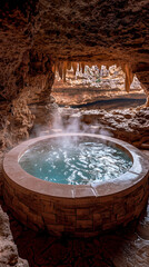 Jacuzzi inside a cave with a dramatic natural backdrop