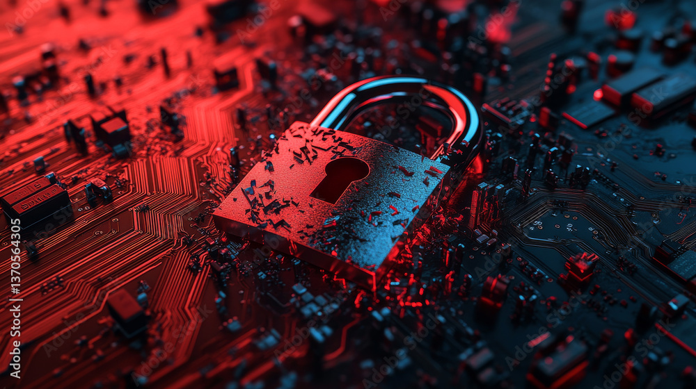 Poster concept of destroyed cyber security.padlock red open on electric circuits network dark red backgroun